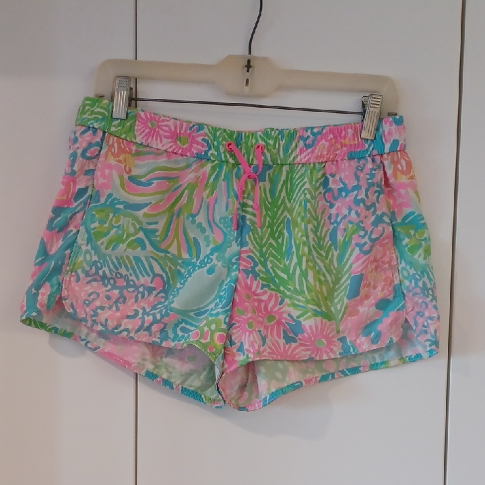 Lilly Pulitzer Pink and Green Athletic Shorts Vibrant Tropical Design